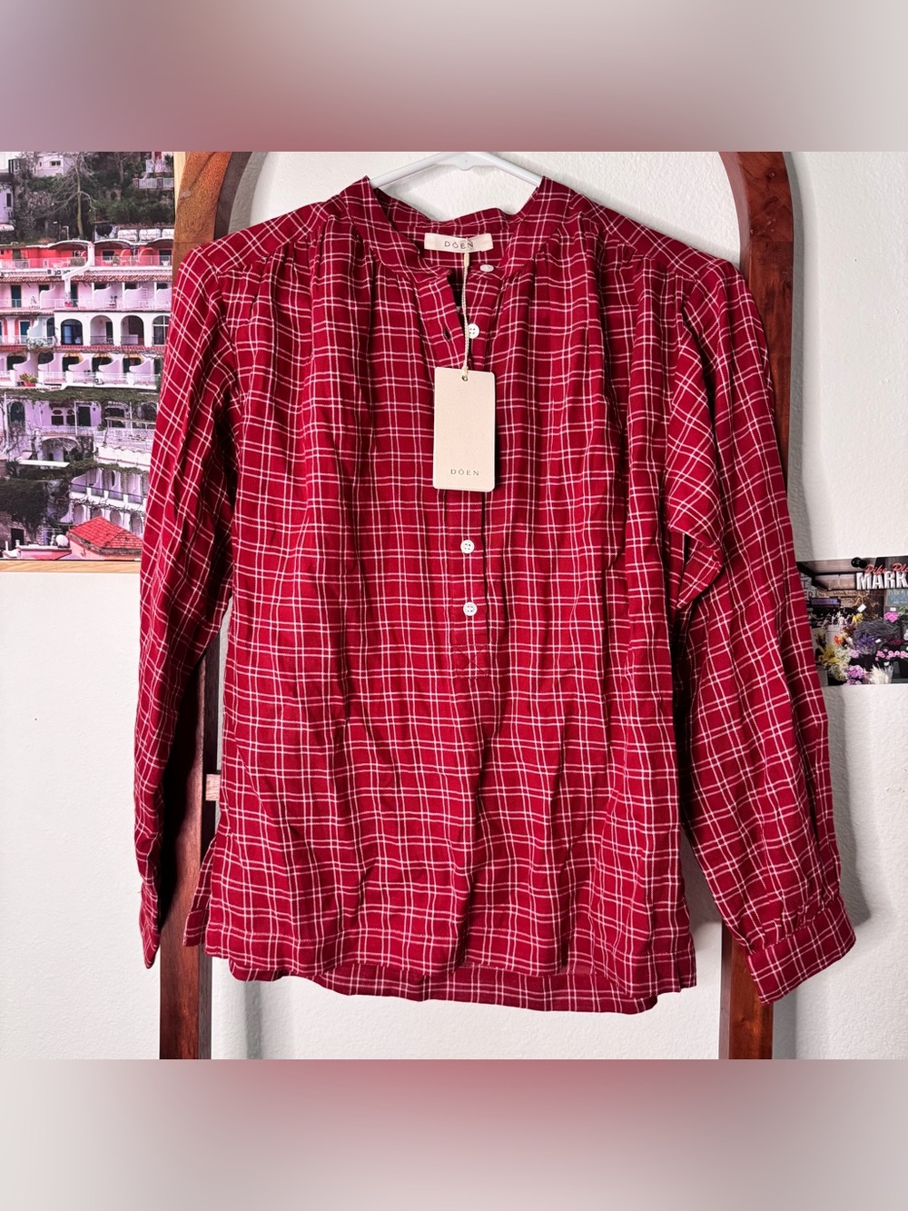 Doen NEW Holde Blouse Rouge Red Plaid Half Button Long Sleecs Top XS - Picture 2 of 5